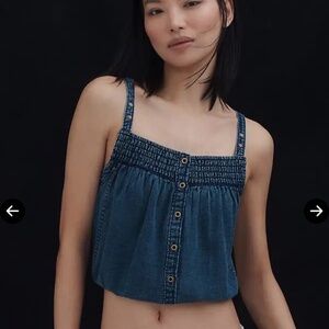 Anthropologie Pilcro Chambray Button Front Crop Bubble Hem Denim Tank Top M NEW